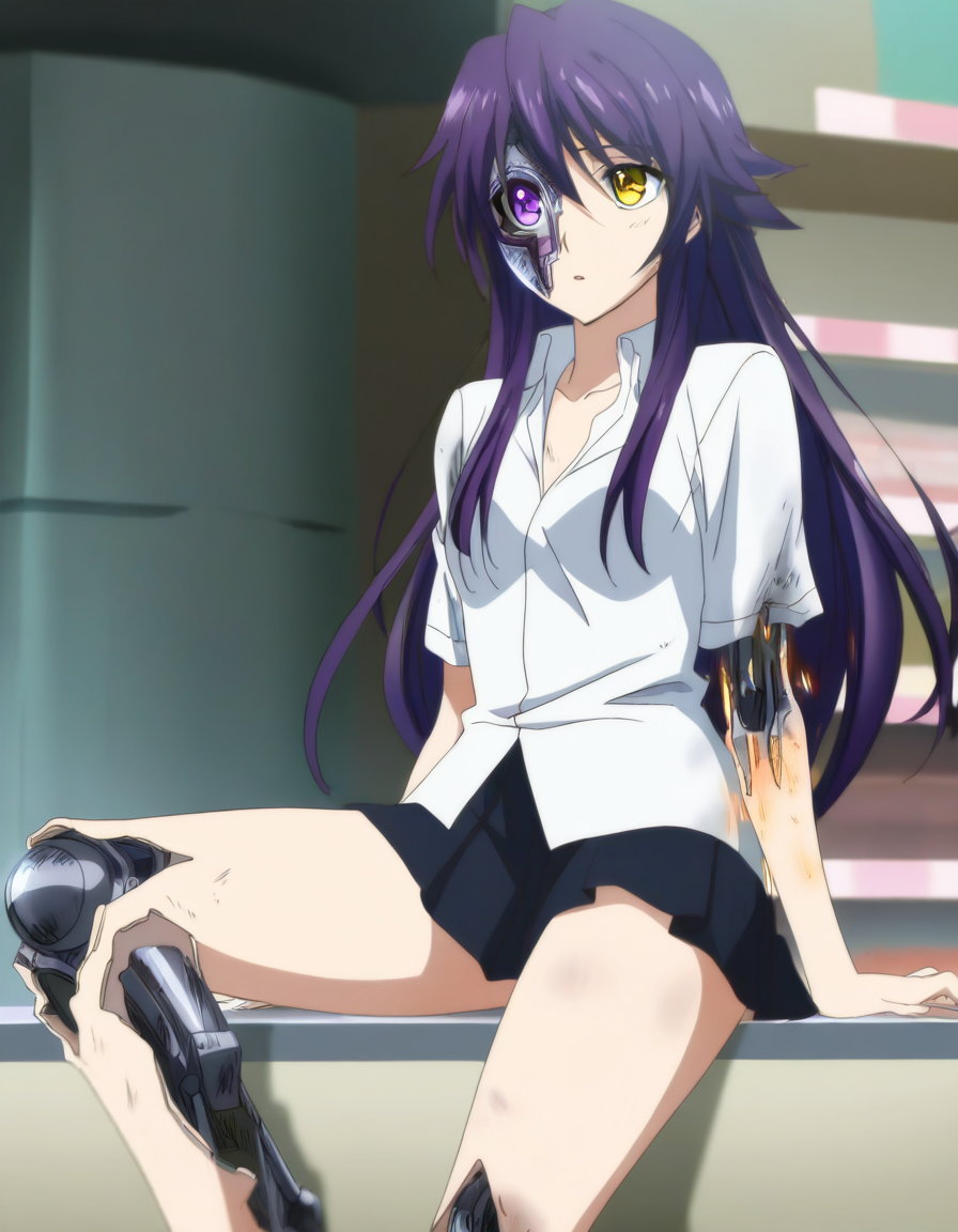 1girl, solo, cyborg, topwear, skirt, ((damaged legs, broken head)), damaged arms, sitting, arm support, store, 5 fingers, looking away, purple hair, long hair, purple eyes, yellow eyes, heterochromia, [[anime screencap, [sparks]]], (masterpiece, best quality), absurdres, highres