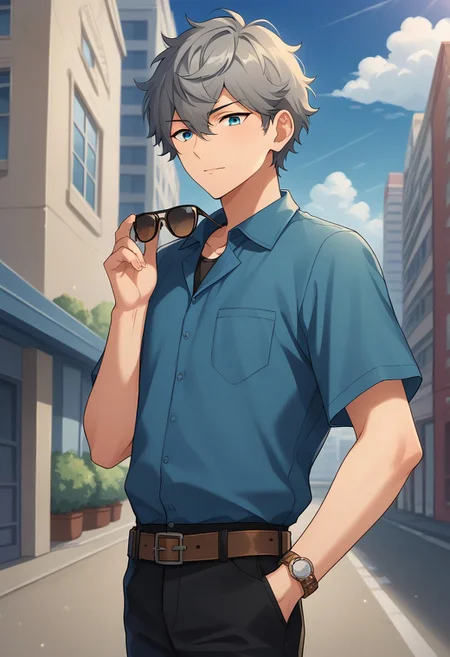score_9, score_8_up, score_7_up, source_anime, highly detailed,
izumisena, 1boy, male focus, holding eyewear, eyewear removed, blue eyes, solo, blue shirt,
sky, holding, belt, shirt, outdoors, day, pants, cloud, short sleeves, looking at viewer, brown belt, grey hair, blue sky, black pants,
sunglasses, short hair, building, hair between eyes, watch, eyewear hang,
wristwatch, collared shirt, blue shirt, upper body
outdoor,