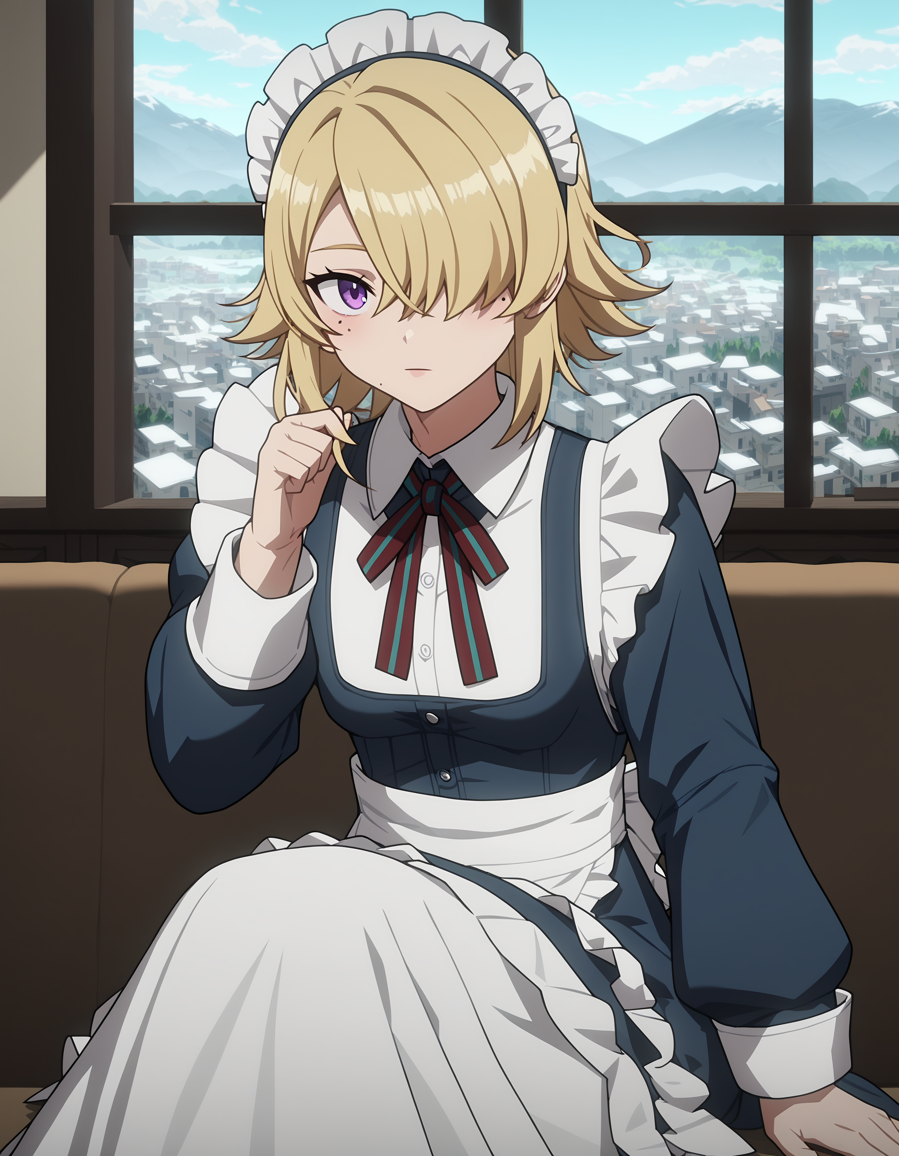 score_9,score_8_up,score_7_up,landscape,looking at viewer,sitting,maid,maid headdress,indoors,winter,
<lora:shanduola_pony:0.6>,shanduola,1girl,solo,blonde hair,hair over one eye,purple eyes,bangs,mole under eye,<lora:Anime_Screencap:1>,anime screencap,