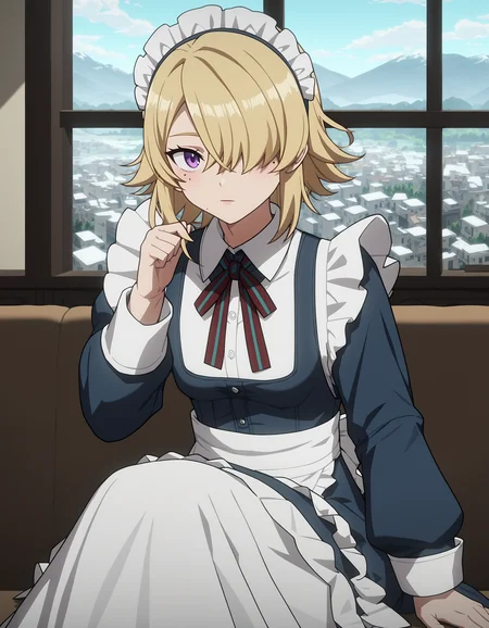 score_9,score_8_up,score_7_up,landscape,looking at viewer,sitting,maid,maid headdress,indoors,winter,
<lora:shanduola_pony:0.6>,shanduola,1girl,solo,blonde hair,hair over one eye,purple eyes,bangs,mole under eye,<lora:Anime_Screencap:1>,anime screencap,
