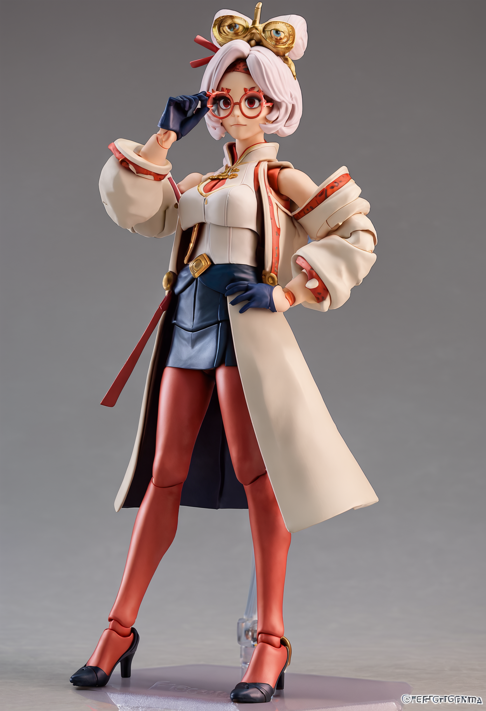 score_9, score_7_up, 1girl, solo, <lora:spfigmaFigurineXLPony2:1> 3d, figma, standing,  <lora:purah-pdxl-nvwls-v1:0.9> purah, hair ornament, red headband, red glasses, sleeveless shirt, white coat, black skirt, red leggings, gloves, high heels, adjusting eyewear, hand on own hip