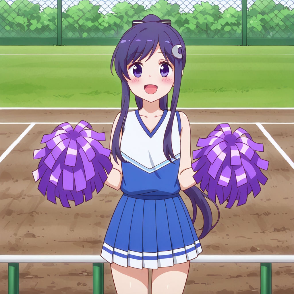 nsfw, masterpiece,best quality,amazing quality,1girl, solo, anima_yell_hizume_arima, cheerleader, pom pom (cheerleading), purple eyes, holding pom poms, long hair, hair ornament, blue skirt, smile, looking at viewer, pleated skirt, ponytail, open mouth, holding, crescent hair ornament, sidelocks, purple hair, cowboy shot, hands up, shirt, blush, miniskirt, high ponytail, sleeveless shirt, blue shirt, bangs, baseball field, <lora:Hizume_Arima_-_Anima_Yell:0.7>