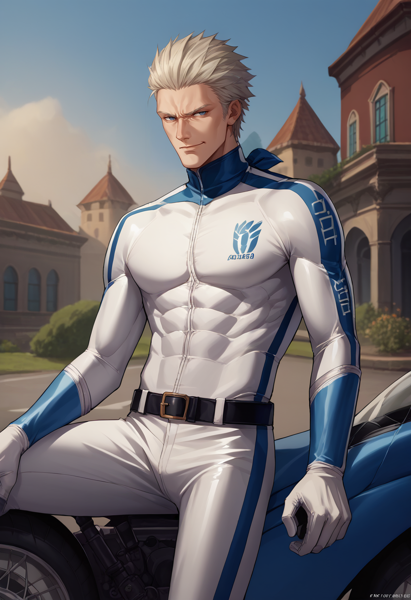 score_9, score_8_up, score_7_up, source_anime, 1boy, bikesuit, biker clothes, white bodysuit, black belt, <lora:BikesuitsMario_XLPD:1>, smirk, <lora:dmc5_vergil_ponyXL:0.9> dmc5vergil, outdoors, on vehicle,