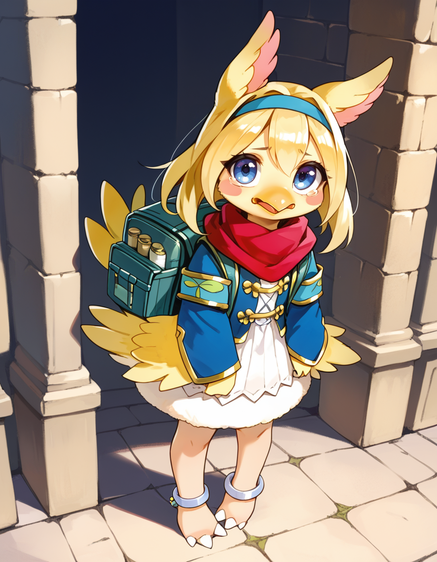 (score_9:0.9),score_8_up,score_7_up,rating_safe,anime_style,(zPDXL3),(zPDXL),
<lora:Filo, Messenger Fur Hire ponyXL v1.1:0.85>,
filo messenger fur hire, solo, 1girl, castle, full body, blush stickers, standing, cyan hairband, silver anklet, sidelocks, looking up, open mouth, blush, barefoot, red scarf, looking at viewer, bird girl, green backpack, blue jacket, bottomless, beak, feathered wings, tears
