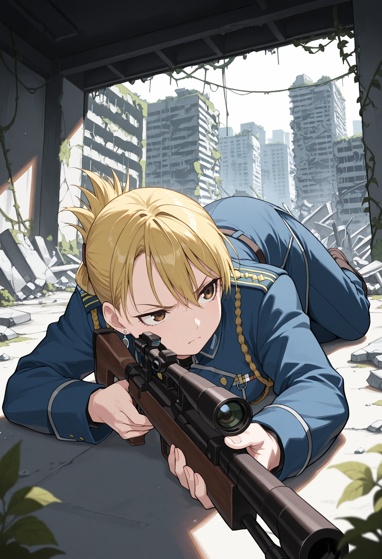 masterpiece, best quality, 1girl, solo, riza, blonde hair, jewelry, earrings, , ruins, overgrown, post-apocalypse, lying, on stomach, aiming, foreshortening, gun, holding gun, looking through scope, rifle, scope, sniper rifle, brown eyes, folded ponytail, uniform, military, military uniform, shirt, black shirt, jacket, blue jacket, long sleeves, aiguillette, pants, blue pants, indoors, building, rubble, vines, angry, frown, raised eyebrow, closed mouth