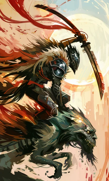 A dynamic digital painting of a warrior riding a wolf wielding a sword with flowing red ribbons and a dramatic sunset backdrop..<lora:- NAI - PdJ_highres_counterweight_V.2.0-step00021000:0.5> <lora:- NAI - ac_illustration_V1.0-step00011000:.8>