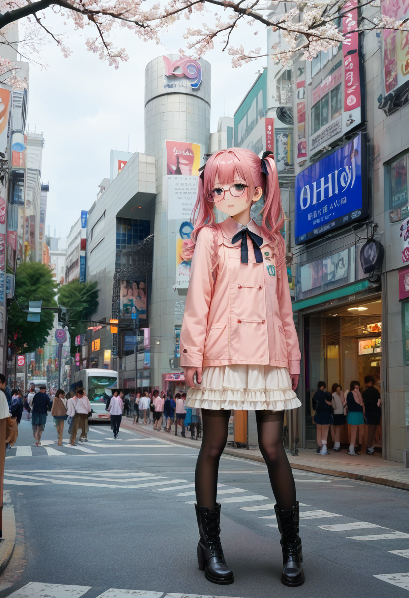 score_9, score_8_up, score_7_up, rating_safe, masterpiece, best quality, absurdres, unity 8k wallpaper, official art, official style, source_anime, uncensored, game cg, megami magazine,
1girl, glasses, pink hair, twintails, blouse, black ribbon, cross-laced clothes, frilled skirt, black legwear, lace-up boots, looking at another, standing, solo focus,
shibuya109, storefront, city, real world location, street, building, road, crosswalk, scenery, outdoors, sign, 6+boys, photo background, traffic light, cityscape, people, multiple girls, skyscraper
 <lora:shibuya109_pony_V1:1>