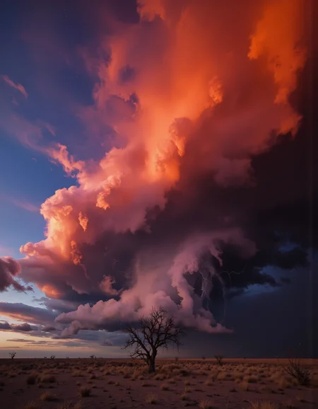 Surreal style, Through the lens of a Sony A7 IV camera paired with an 85mm lens,Envision a scene of serene beauty as the vibrant sunset color clouds  paired with thunder storm and barren land. <lora:landscape:1>