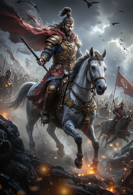 A heroic medieval warrior charges into battle atop a powerful white warhorse, his crimson cape billowing behind him amidst the chaos. He wears intricately crafted golden armor adorned with ornate patterns, reflecting the fiery glow of the surrounding battlefield. His fierce expression, framed by a flowing mane of dark hair and a regal crown, captures his determination and command. In his outstretched hand, he wields a gleaming sword, the blade stained with the remnants of battle, aimed directly at his enemies. Behind him, a legion of warriors clad in traditional armor surges forward, their spears and banners raised high against a stormy sky filled with smoke, embers, and the cawing of scattered birds. The scene radiates intensity, courage, and the relentless spirit of war, with every detail drenched in dynamic energy and historical grandeur. <lora:Midjourney_Dreamlike_Fantasy_FLUX_LoRA.safetensors:0.2>, <lora:Dever_Flux_Enhancer.safetensors:0.5>, <lora:Warhammer_Rogue_Trader_Style_flux-000021.safetensors:0.5>, <lora:aiai-Glimra-Flux-Dev-v2.safetensors:0.5>, <lora:black_fantasy.safetensors:1.0>,