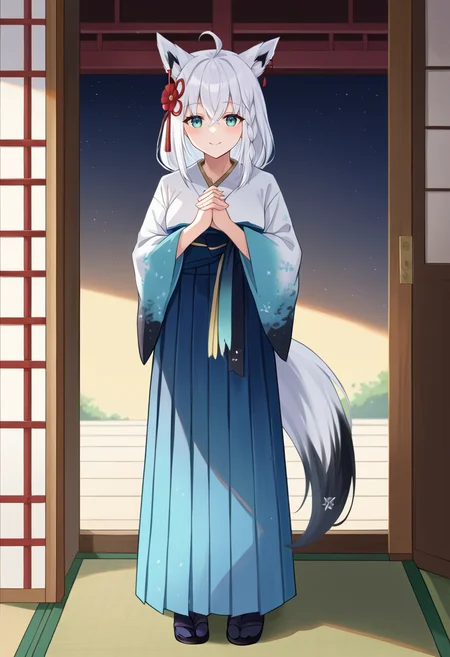score_9, score_6_up, source_anime BREAK 1girl, solo, full body, japanese shrine, fubuki_newyears, kimono, blue bow, blue hakama, japanese clothes, hair flower, white hair, single side braid, ahoge, piercing, fox tail, light smile, praying, own hands together <lora:shirakami_fubuki_sdxl_pony-4-000009:1>