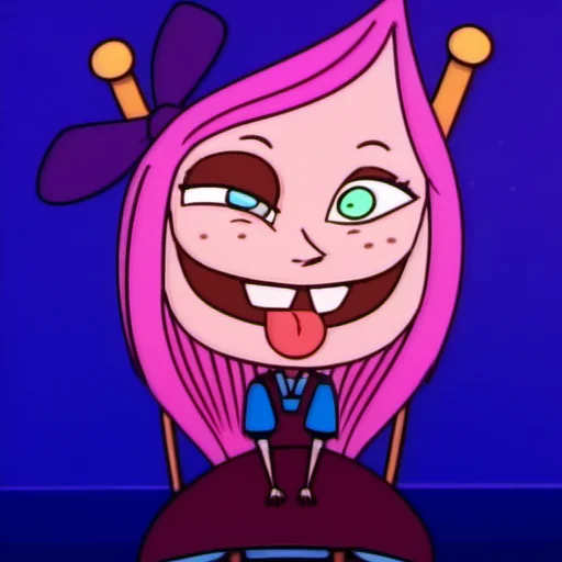 1girl, solo, raisin1, pink hair, dress, smile, heterochromia, long hair, smug, freckles, pantyhose, teeth, tongue out, sitting on chair, <lora:Raisin:1>,