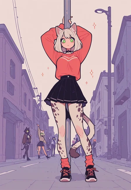 score_9, score_8_up, score_7_up, masterpiece, best quality, very aesthetic, 1woman, incoth, (incase:0.6), detailed face, (dynamic:1), catgirl, platinum blonde, green eyes, white pupils, comfy outfit, sweater, skirt, innocent, poledancing, poledance, pushed against pole, grinding streetlamp, stripper pose, street, streetlamp, animal ears, tail, spotted fur, Flatline, Flat vector illustration