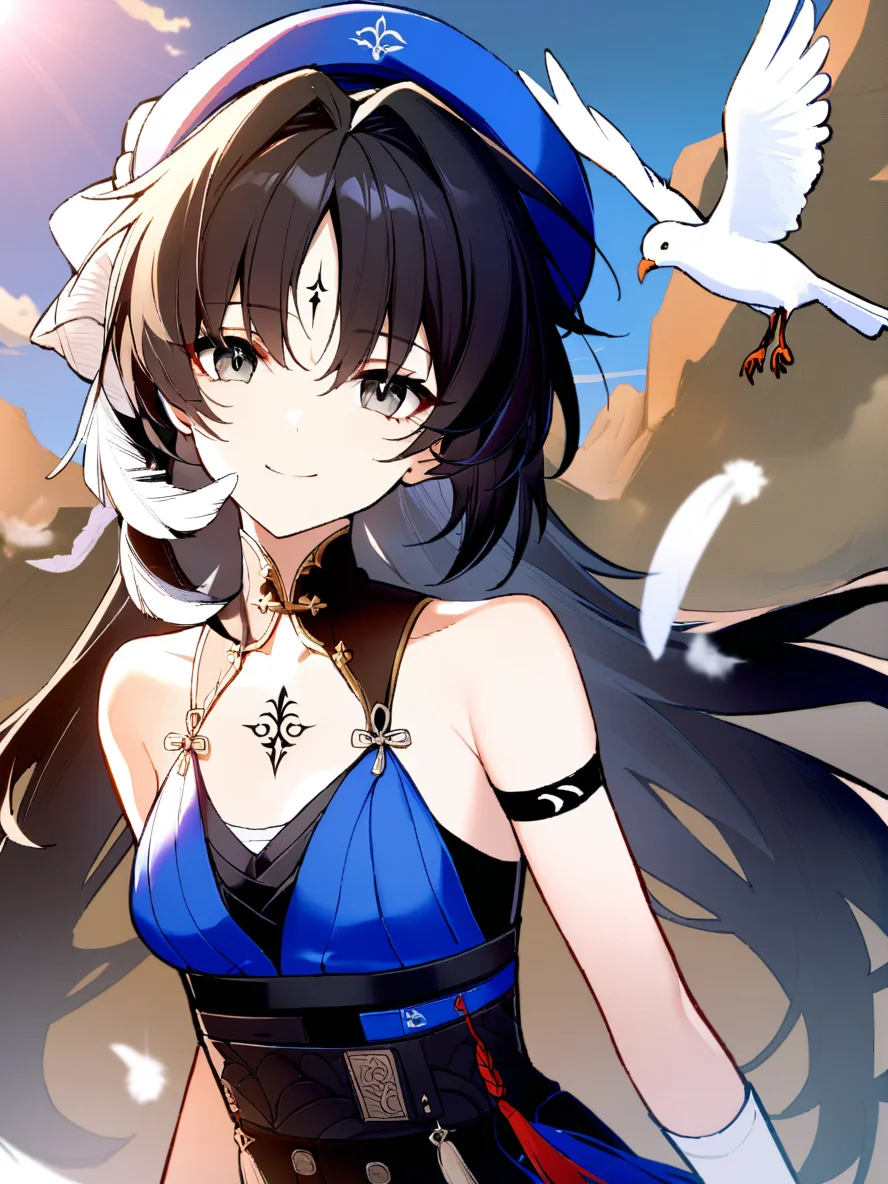 1girl, 
yangyang \(wuthering waves\),  
solo, outdoors, sun, closed mouth, chest tattoo, bird, bare shoulders, black hair, hat, tassel, cloud, cloudy sky, hair between eyes, grey eyes, small breasts, tattoo, long hair, looking at viewer, upper body, gloves, beret, blue hat, mountain, sunlight, white gloves, blue sky, sky, breasts, smile, white bird, feathers, day, 
masterpiece, best quality,  safe
 <lora:mki-ani3-yangyang-v3:1>
