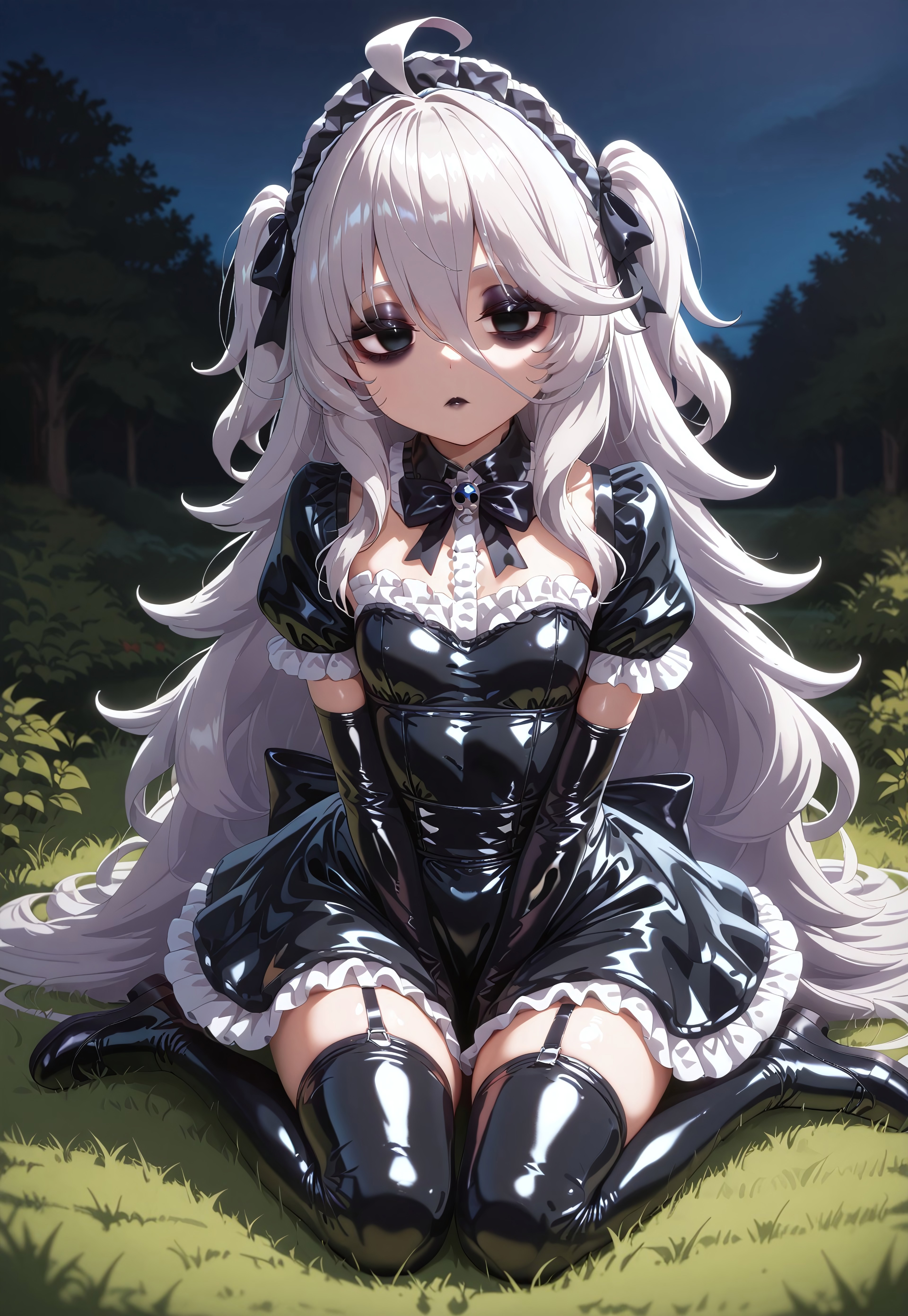 score_9, score_8_up, score_7_up, score_6_up, score_5_up, score_4_up , 1girl, Shadwo, black eyes, white hair, grey hair, very long hair, messy hair, hair between eyes, ahoge, small breasts, bags under eyes, gothic hair, two side up, hair bows, multiple hair bows, gradient hair, masterpiece, best quality, absurdres, 
(latex, gothic theme, lolitafashion:1.2), gothic lolitafashion, gothiclolita, gothic lolitadress, victorian dress, gothic, dark, moody, puffy dress, petticoat, puffy sleeves, dark colors, frilled skirt, gothic thighhighs, striped thighhighs, gothic dress, elbow gloves, latex gothic headdress, detached collar, latex bow, many bows, multiple bows, latex frills, frilled fabric, gothic lolitashoes,
black lipstick, black lips, long eyelashes, eyeshadow, eyeliner, mascara, gothic makeup,  
outdoors, nature, park, night, dark environment, 
solo, sitting, kneeling, on grass, full body, dynamic pose, dutch angle, looking at viewer, v arms, hands on lap, half-closed eyes, closed mouth, expressionless,
(shiny glossy latex clothing, gleaming oily latex fabric:1.3),
intricate, highly detailed, majestic, shallow depth of field, movie still, circular polarizer