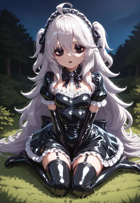 score_9, score_8_up, score_7_up, score_6_up, score_5_up, score_4_up , 1girl, Shadwo, black eyes, white hair, grey hair, very long hair, messy hair, hair between eyes, ahoge, small breasts, bags under eyes, gothic hair, two side up, hair bows, multiple hair bows, gradient hair, masterpiece, best quality, absurdres,
(latex, gothic theme, lolitafashion:1.2), gothic lolitafashion, gothiclolita, gothic lolitadress, victorian dress, gothic, dark, moody, puffy dress, petticoat, puffy sleeves, dark colors, frilled skirt, gothic thighhighs, striped thighhighs, gothic dress, elbow gloves, latex gothic headdress, detached collar, latex bow, many bows, multiple bows, latex frills, frilled fabric, gothic lolitashoes,
black lipstick, black lips, long eyelashes, eyeshadow, eyeliner, mascara, gothic makeup,
outdoors, nature, park, night, dark environment,
solo, sitting, kneeling, on grass, full body, dynamic pose, dutch angle, looking at viewer, v arms, hands on lap, half-closed eyes, closed mouth, expressionless,
(shiny glossy latex clothing, gleaming oily latex fabric:1.3),
intricate, highly detailed, majestic, shallow depth of field, movie still, circular polarizer