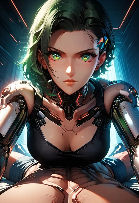 (8k uhd, masterpiece, best quality, high quality, ultra-detailed) cybernetic robot, world of Battle Angel at night, Alita1024, curvy, athletic form. determined expression. warm glow, High contrast, vibrant colors, embedding, mad-cbrbdy, cyberpunk, Lying on top clothed, Lying on top,