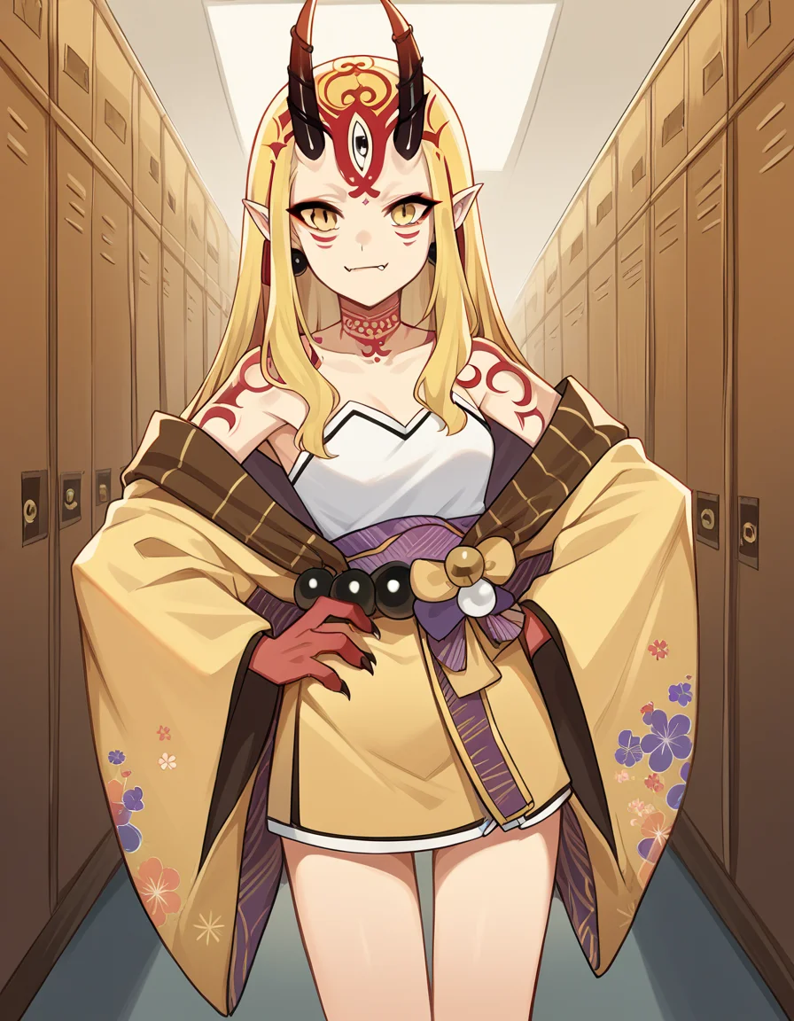 score_9, score_8_up, score_7_up, source_anime, <lora:fgo-ibaraki-douji-ponyxl-lora-nochekaiser:1>, ibaraki douji, blonde hair, facial mark, fang, forehead, horns, long hair, oni, oni horns, pointy ears, yellow eyes,, earrings, japanese clothes, jewelry, kimono, leg tattoo, neck tattoo, oni, oni horns, shoulder tattoo, tattoo, yellow kimono,, school hallway, lockers, between classes, everyday life, smile, , hand on hip, solo,, cowboy shot, dutch angle