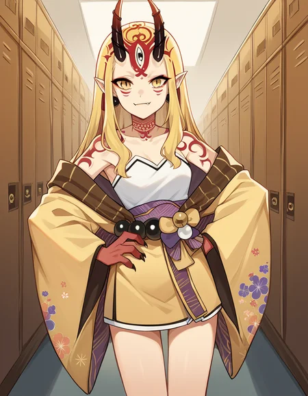 score_9, score_8_up, score_7_up, source_anime, <lora:fgo-ibaraki-douji-ponyxl-lora-nochekaiser:1>, ibaraki douji, blonde hair, facial mark, fang, forehead, horns, long hair, oni, oni horns, pointy ears, yellow eyes,, earrings, japanese clothes, jewelry, kimono, leg tattoo, neck tattoo, oni, oni horns, shoulder tattoo, tattoo, yellow kimono,, school hallway, lockers, between classes, everyday life, smile, , hand on hip, solo,, cowboy shot, dutch angle