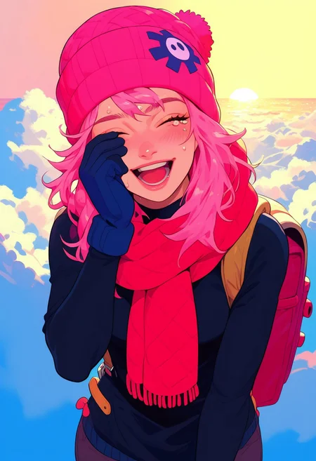 score_9, score_8_up, score_8, score_7_up, score_7, above clouds, sky, sunrise, short, cute, 1girl, solo, wide shot view,pink hair, wiping tears, wiping eyes, rubbing eyes, big backpack, thermos, bedroll, winter clothes, scarf, mittens, beanie, black pants, cowboy shot, sexy legs, wide view, standing, happy tears, sweat, blush, breath, proud, open mouth, closed eyes, looking afar, hand on own face,