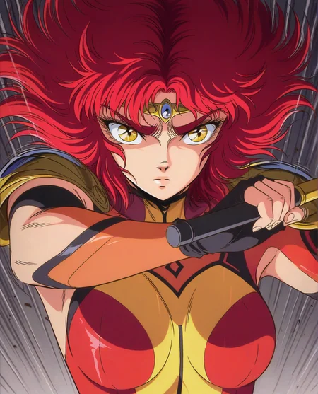 masterpiece, best quality, absurdres, zodikki1, kurumada eyes, kurumada hair, 1girl, red hair, yellow eyes, multicolor bodysuit, pointed circlet, shoulder armor, detached sleeves, fingerless gloves, action lines, holding baton, serious, straight-on