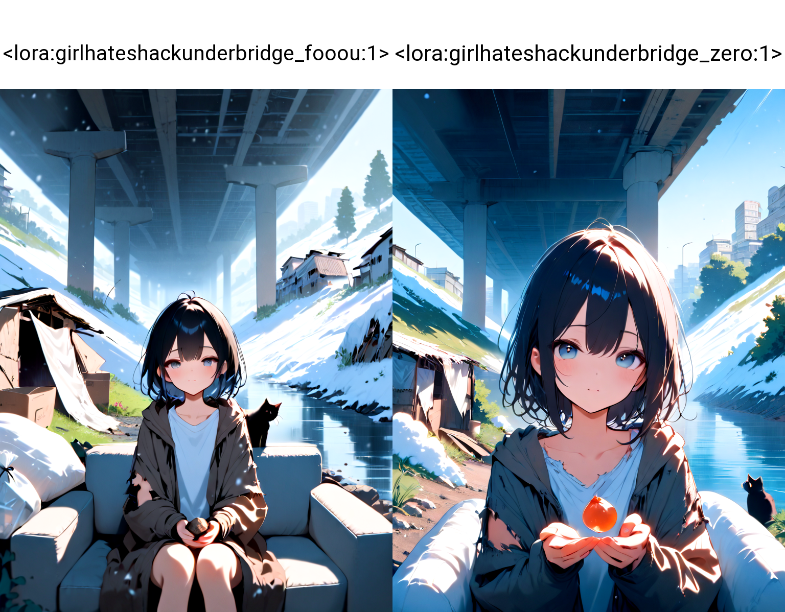 masterpiece, high score, great score, absurdres, shack under bridge, deep shadow, 1girl, sitting on sofa, blanket, open jacket, torn clothes, oversized clothes, cat, box, fog, city, tree, rock, weeds, ruins, river, water, building, scenery, outdoors, trash bag, snow, snowing, upper body, hand own hands together, (((incoming food))), <lora:girlhateshackunderbridge_fooou:1>