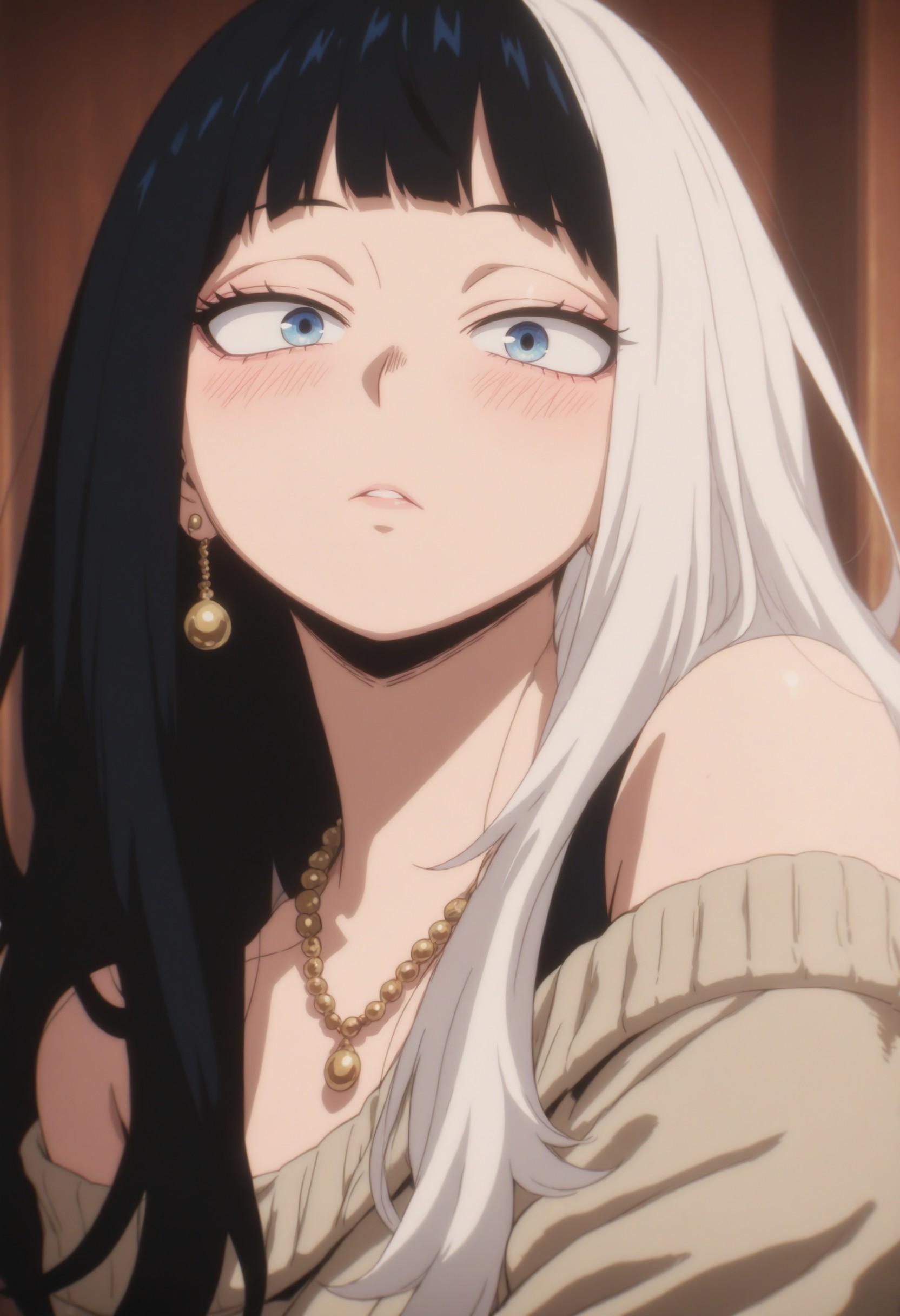 mmha2, jewelry, 1girl, solo, earrings, long hair, black hair, multicolored hair, necklace, two-tone hair, looking at viewer, blue eyes, portrait, white hair, bangs, split-color hair, blush, off shoulder, sweater, dark, masterfully drawn, 4K, amazing quality, aesthetic, details, prestine, mmha2, , <lora:5e383849-9b54-462b-b435-07a58c22bafb:0.9>
