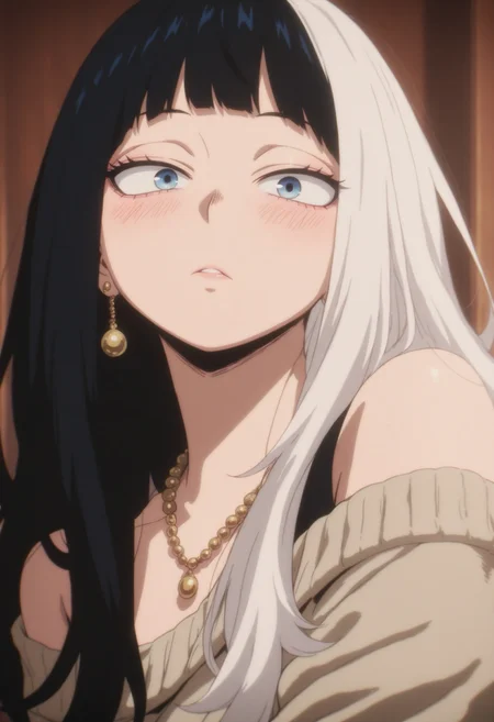 mmha2, jewelry, 1girl, solo, earrings, long hair, black hair, multicolored hair, necklace, two-tone hair, looking at viewer, blue eyes, portrait, white hair, bangs, split-color hair, blush, off shoulder, sweater, dark, masterfully drawn, 4K, amazing quality, aesthetic, details, prestine, mmha2, , <lora:5e383849-9b54-462b-b435-07a58c22bafb:0.9>
