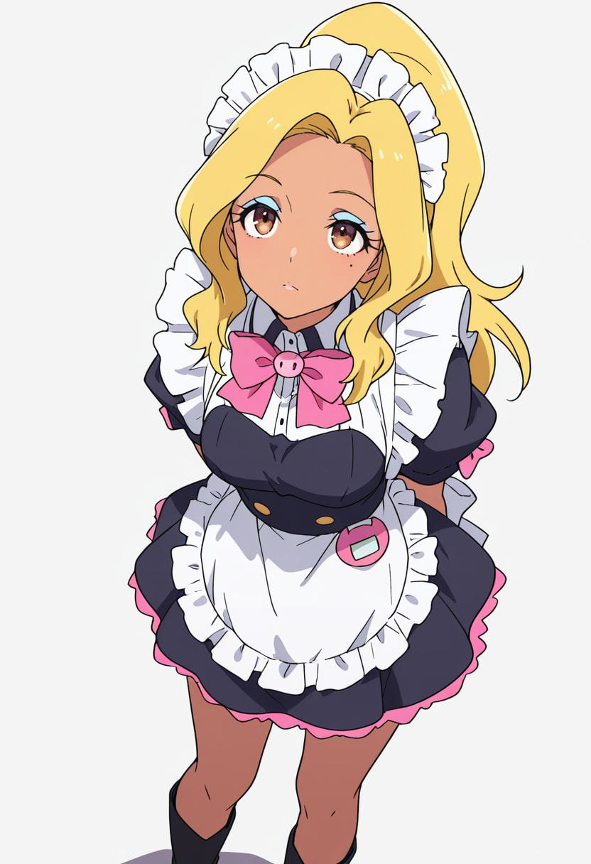 Smooth Quality,masterpiece,very intricate, high quality details, ultra realistic, high detailed skin,detailed enviorement,absurdres,
 <lora:Gotou_Shino_Shiipon_CNR:0.8> gotou_cnr, blonde hair,long hair, ponytail, brown eyes, dark-skinned female, mole, nail polish, eyeshadow,gotou_maid_cnr,maid, maid headdress, maid apron,black dress, short dress,puffy short sleeves, boots, frills,pink bowtie,, simple background, white background, dutch angle,solo,
standing, arms behind back, looking up, calm expression, relaxed posture,  ,, :|,