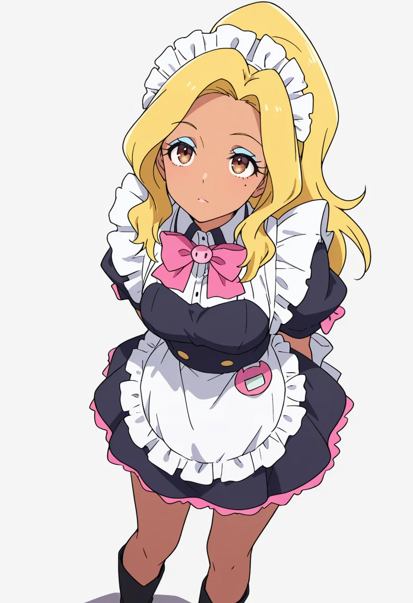 Smooth Quality,masterpiece,very intricate, high quality details, ultra realistic, high detailed skin,detailed enviorement,absurdres,
<lora:Gotou_Shino_Shiipon_CNR:0.8> gotou_cnr, blonde hair,long hair, ponytail, brown eyes, dark-skinned female, mole, nail polish, eyeshadow,gotou_maid_cnr,maid, maid headdress, maid apron,black dress, short dress,puffy short sleeves, boots, frills,pink bowtie,, simple background, white background, dutch angle,solo,
standing, arms behind back, looking up, calm expression, relaxed posture, ,, :|,
