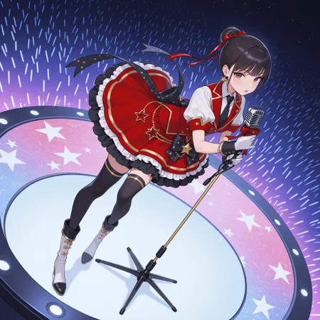 masterpiece, best quality, amazing quality, colorful, vibrant, very aesthetic, detailed background, lah-hitomi, 1girl, solo, idol, single hair bun, hair_ribbon, mismatched_earrings, star_earring, red_waistcoat, white shirt, puffy_short_sleeves, black necktie, white gloves, black back_ribbon, red_frilled_skirt, black thighhighs, microphone_stand, holding microphone, white boots,
, dynamic_pose, dynamic_angle,