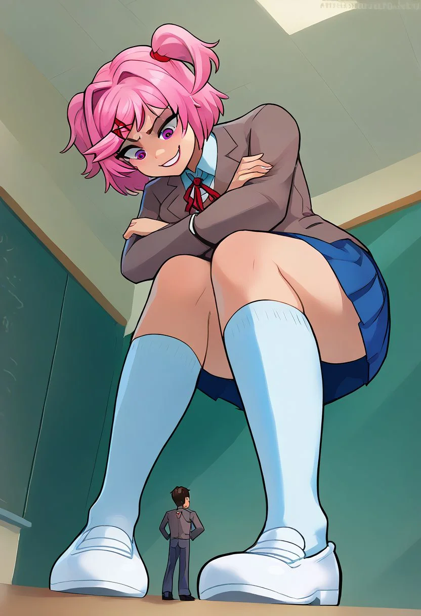 score_9, score_8_up, score_7_up, score_6_up, perspective shot, 1girl, 1boy, duo, 
natsuki, pink hair, pink eyes, two side up, x hair ornament   
,blazer, neck ribbon, collared shirt, blue skirt, white shoes, thigh high white socks, 
smug, arms crossed, standing up, leaning forward, looming, looking down, wide stance, one foot forward, raised eyebrow, 
larger_female, giantess, smaller_male, size_difference, scared faceless male, BREAK, classroom background, school setting, low angle,