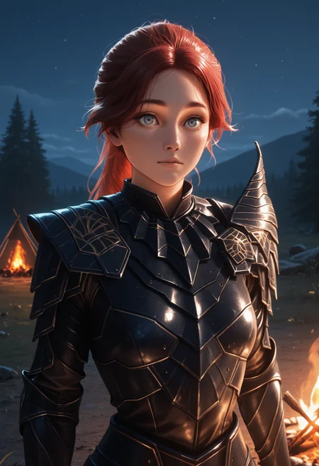 masterpiece, best quality, amazing quality, 1girl, <lora:maelle_illustrious:1>, ma3ll3,
armor, campfire, night, upper body