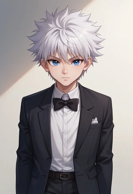 score_9, score_8_up, score_7_up, source_anime, highly detailed,
killuazoldick, 1boy, male focus, solo, white hair, blue eyes, upper body, formal, suit, bow, bowtie, white shirt, black jacket, black pants
 indoor,