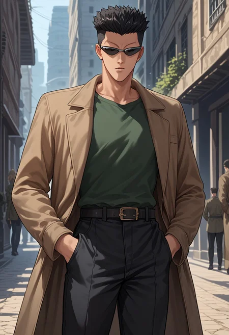 score_9, score_8_up, score_7_up, score_6_up, Expressiveh, Toguro, 1boy, male focus, sunglasses, black hair, pompadour, green shirt, hands on pocket, black pants, belt, trench coat, short hair