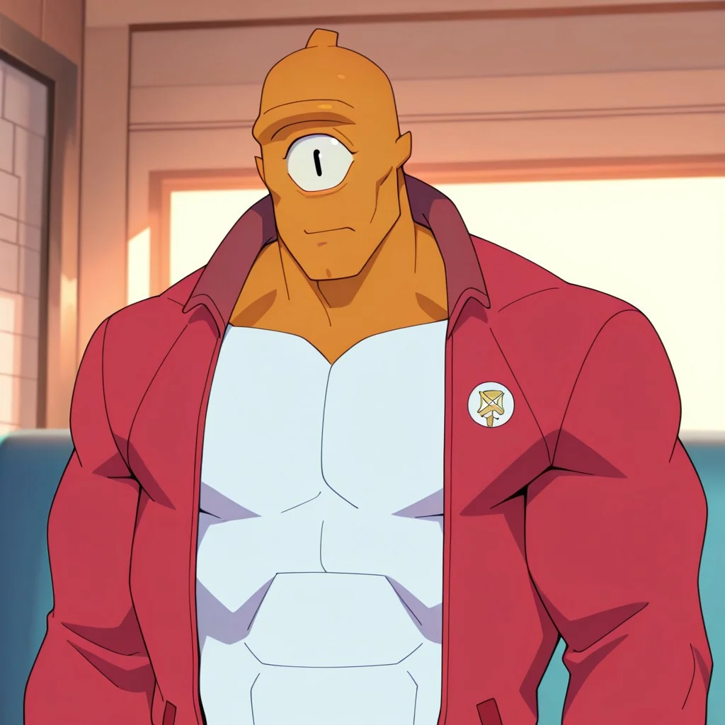masterpiece, best quality, newest, absurdres, highres, Invincible-show-style-INVPACK.V1.0,
1boy, Allen-the-Alien-INVPACK.V1.0 1boy, cyclops, orange skin, 3 fingers, colored skin, muscular male, bald, muscular, muscular male, bald, one-eyed, Allen-main outfit, jacket, red jacket, open jacket, bodysuit, white bodysuit