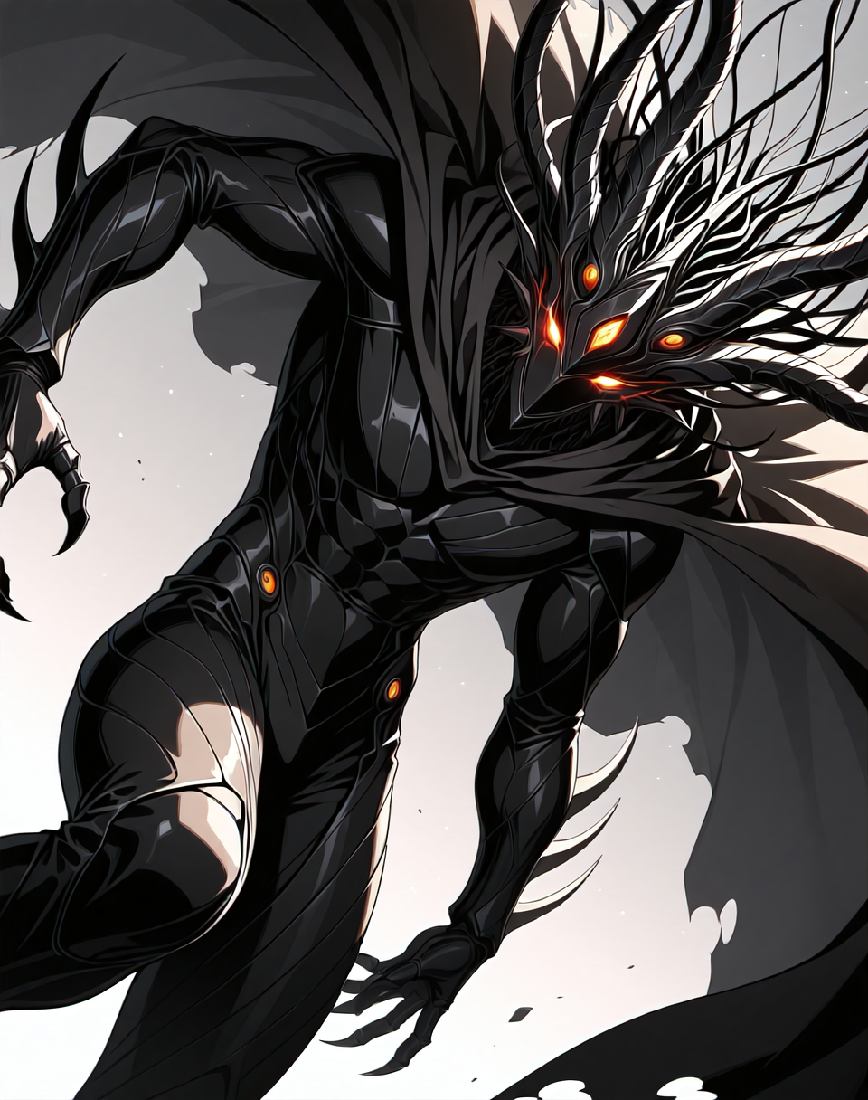 perfect depth of field shot, masterpiece, beautiful, sharp focus, crisp details, 
<lora:Zoalord_(Guyver)_(Illustrious)_(AD):1> Zoalord, Guyver, monster, 
((dynamic action, dynamic perspective, dutch angle, bent knee, cowboy shot, ):1.5), 
((colored body, wearing a cape, detailed face and eyes, ):1.5), glowing eyes, solo, bioboosted body, biomechanical, end boss, perfect form, perfect proportions, abs, regal and strong, imposing, presence demands respect and deference, gradient style anime coloring,   
BREAK Smooth Quality, IllusP0s, lazyhand, lazympos, lazynsfw,
