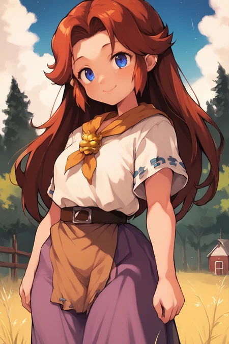 score_9, score_8_up, score_7_up, score_6_up, score_5_up, source anime, BREAK, (thick thighs), smile, closed mouth, (cowboy shot), looking at viewer, realistic background, forest, farm, curvy, hips wider than shoulders, wide hips, shortstack, <lora:malon_cremia-v1_pdxl:1> , malon, 1girl, white shirt, short sleeves, purple skirt, long skirt, brown belt, belt, yellow neckerchief, <lora:last:1>, <lora:90s4n1m3XLP:0.7> , 90s4n1m3,