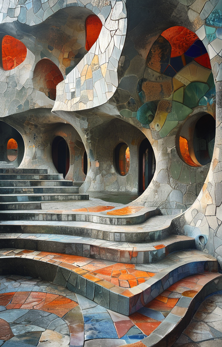 masterpiece,best quality,<lora:tbh305-sdxl:0.9>,illustration,designed by Antoni Gaudi Brutalist concrete university campus with geometric shapes and exposed materials