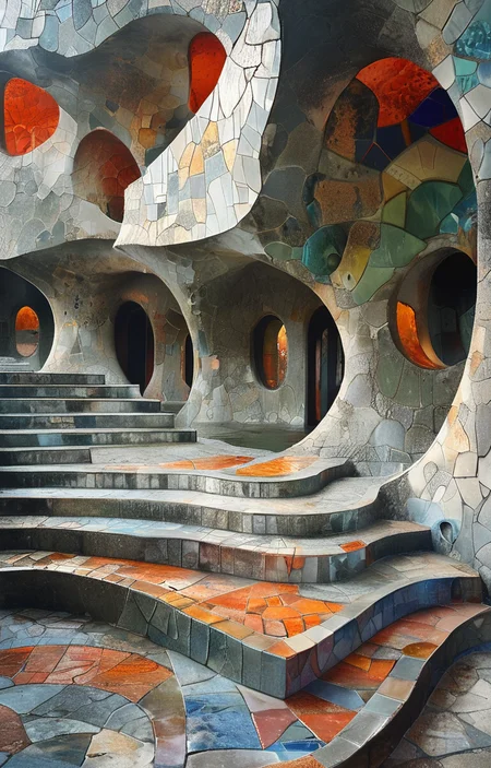 masterpiece,best quality,<lora:tbh305-sdxl:0.9>,illustration,designed by Antoni Gaudi Brutalist concrete university campus with geometric shapes and exposed materials