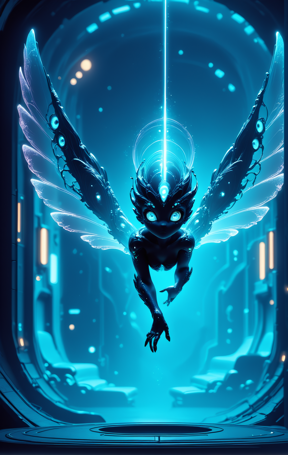 score_9, score_8_up, score_7_up, score_6_up, asrtomorph, glowing alien critter, small and spherical with bioluminescent spots, floating mid-air in a dark spaceship corridor, its translucent wings softly flapping, curious wide eyes, vibrant neon colors, faint aura around its body, mysterious and playful, faint starry glow in the background