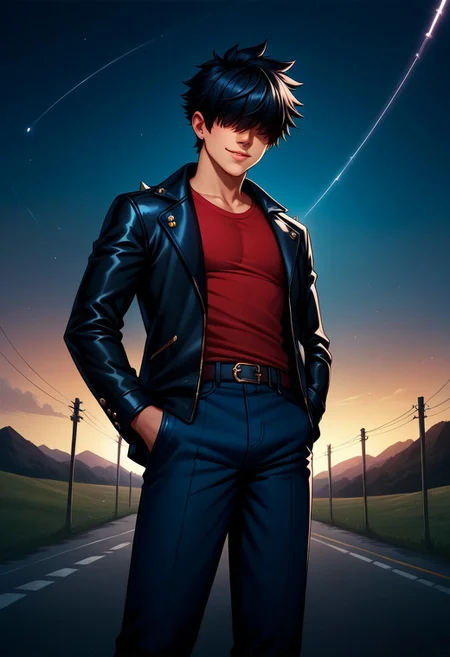score_9, score_8_up, score_7_up, score_6_up, easynegative, ng_deepnegative_v1_75t, 1 boy, solo, bright dynamic skies in the background, detailed background, boy wearing a red shirt and a small black jacket, stylish, black hair, hair covering eyes, spikey hair, spiked hair facing front, boy's hair covering his eyes, hair over eyes, boy wearing a blue shirt and small black jacket in a road, boy looking in tye distance, smiling, dark lighting, dark road, bright skies, full view, view from below,