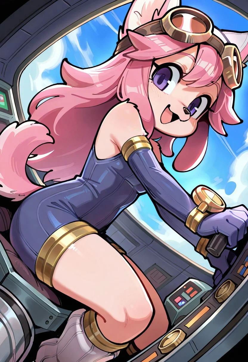 score_9, score_8_up, score_7_up, high resolution, masterpiece, best quality, wamudraws, itsunkownanon,
1girl, solo, dynamic angle, bubble cockpit, riding cockpit, open cockpit, large windshield, sky,
chocolatsr, cute, furry female, dog girl, pink fur, long hair, pink hair, dog tail, purple eyes, animal ears, animal nose, flat-chested, small breasts, shortstack, blue jumpsuit, elbow gloves, white headwear, goggles on headwear, leg warmers, boots, looking at viewer, smile, open mouth