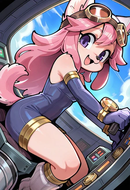 score_9, score_8_up, score_7_up, high resolution, masterpiece, best quality, wamudraws, itsunkownanon,
1girl, solo, dynamic angle, bubble cockpit, riding cockpit, open cockpit, large windshield, sky,
chocolatsr, cute, furry female, dog girl, pink fur, long hair, pink hair, dog tail, purple eyes, animal ears, animal nose, flat-chested, small breasts, shortstack, blue jumpsuit, elbow gloves, white headwear, goggles on headwear, leg warmers, boots, looking at viewer, smile, open mouth