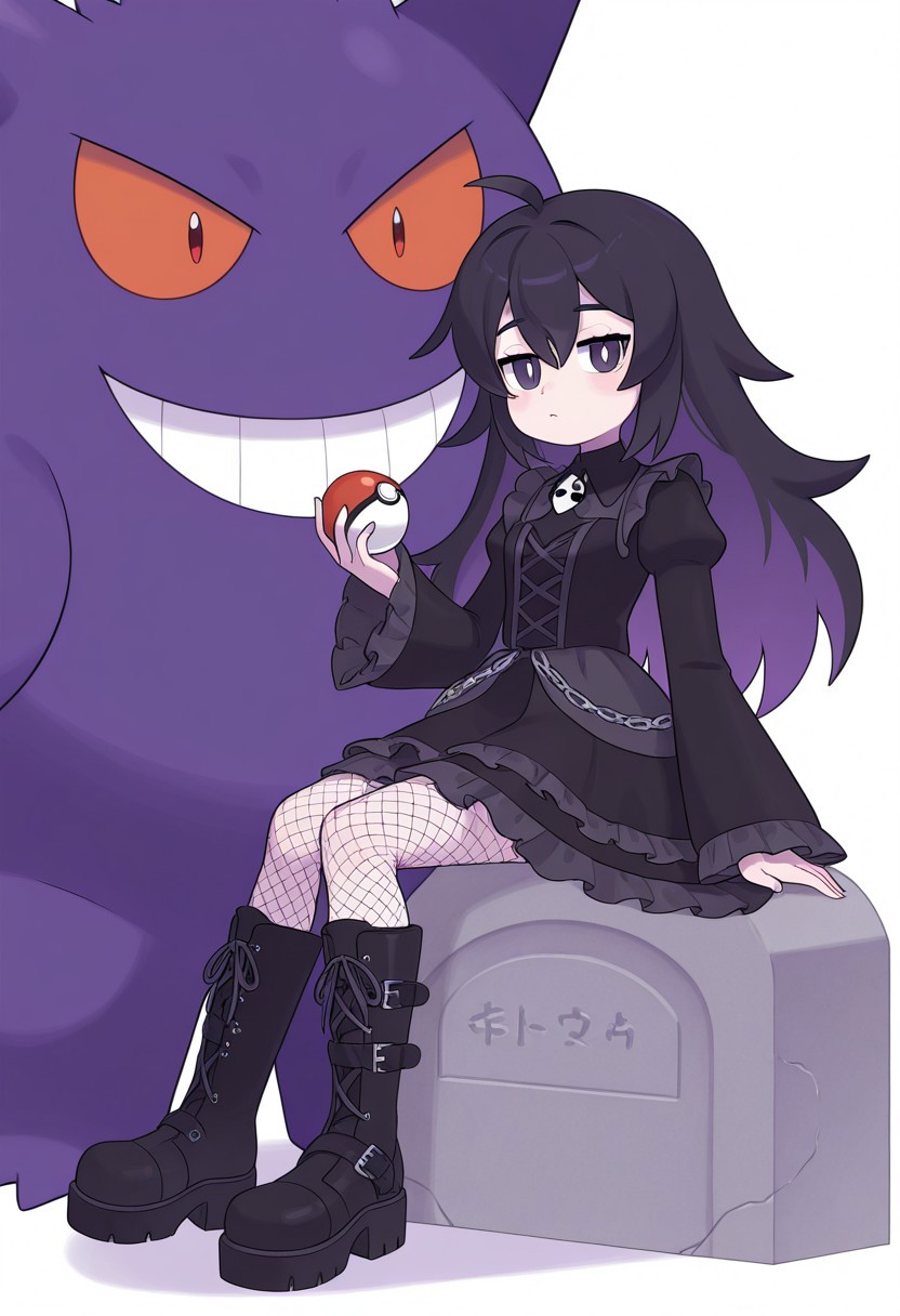 FGF, 1girl, cute, Hex Manic, goth dress, frilled dress, fishnet stockings, boots, oversized boots, black boots, Gengar next to, pokeball, holding pokeball, simple background, white background, sitting on grave stone