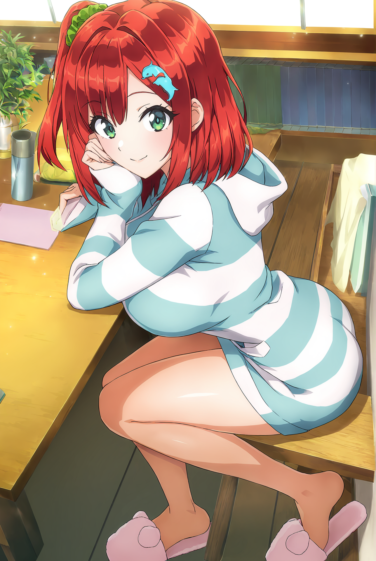 masterpiece,best quality,amazing quality,very aesthetic,absurdres,newest,scenery,anime screenshot,anime coloring,
looking at viewer,female focus,
1girl, solo, green eyes, red hair, medium hair, one side up, bangs,breasts, large breasts,  hair ornament, green scrunchie,white background, looking at viewer, sitting, slippers, full body, smile, closed mouth, long sleeves, hood down, hand up, bare legs, sleeves past wrists, arm support, striped hoodie, shiny, 
<lora:ãILXLãsakimiya_iruka-000010:0.9>,