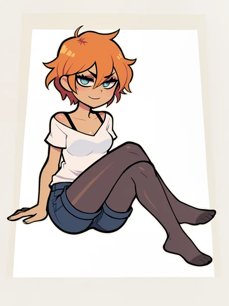 score_9, score_8_up, score_7_up, score_6_up, score_5_up, score_4_up,
BREAK
looking at viewer, solo, white background, full body, sitting, crossed legs,
BREAK
1girl, tan, orange hair, blue eyes, short hair, shorts, see-through legwear, pantyhose, tomboy,
BREAK
<lora:The_Coffin_of_Andy_and_Leyley_Game_Artstyle_PonyXL:1.2>