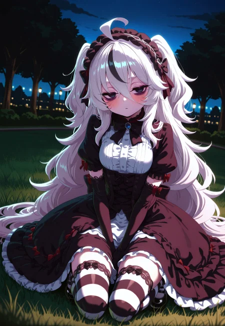 1girl, Shadwo, black eyes, white hair, grey hair, very long hair, messy hair, hair between eyes, ahoge, small breasts, bags under eyes, gothic hair, two side up, hair bows, multiple hair bows, gradient hair, multicolored hair, black streaked hair, masterpiece, best quality, absurdres,
(gothic theme, lolitafashion:1.2), gothic lolitafashion, gothiclolita, gothic lolitadress, victorian dress, gothic, dark, moody, puffy dress, petticoat, puffy sleeves, dark colors, frilled skirt, gothic thighhighs, striped thighhighs, gothic dress, elbow gloves, gothic headdress, many bows, multiple bows, frills, frilled fabric, center frills, gothic lolitashoes,
black lipstick, black lips, long eyelashes, eyeshadow, eyeliner, mascara, blush, gothic makeup,
outdoors, nature, park, night, dark environment,
solo, sitting, kneeling, on grass, full body, dynamic pose, dutch angle, looking at viewer, v arms, hands on lap, half-closed eyes, closed mouth, expressionless,
intricate, highly detailed, majestic, shallow depth of field, movie still, circular polarizer