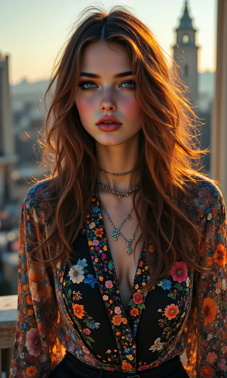 A breathtaking, high-fashion editorial photoshoot featuring Jane Birkin, styled in 1970s bohemian chic by designers Ossie Clark. She wears a bohemian peasant blouse with jeans, styled with woven handbag. The color palette reflects the iconic tones of the decade: classic black and white. The outfit's fabrics include suede, perfectly capturing the aesthetic of the 70s. <lora:FLUX.1-DEV_-_Wild_1970s_Fashions_LoRA:0.8>, <lora:midjourney_whisper_avant_couture_v01:0.6>,
break
perfectly smooth jawline, no cleft chin, soft and defined chin, symmetrical and elegant facial features, well-balanced proportions, delicate and flawless face, smooth skin texture, sharp yet gentle jawline, natural beauty, high cheekbones, soft jaw curves, sleek, even facial structure, harmonious face symmetry, no dimples or clefts, clean and graceful profile, refined and polished appearance, seamless jawline transition, fine facial detail,
break
high-fashion attitude pose, fashion moments, three-quarter view, straight-on, slight tilt, close-up, wide framing, subtle movement effect, gazing into the distance,
break
8k, ultra photorealistic, cinematic lighting, warm tones with soft shadows, high dynamic range, subtle film grain, lens flare, and a warm golden-hour glow. Backgrounds feature luxury penthouse, with slight bokeh for depth, capturing the essence of 1970s fashion in a fine art editorial style. aidmafluxpro1.1, <lora:aidmaFluxPro1.1Stylev0.2:0.7>, midjourney_whisper, <lora:midjourney_whisper_flux_lora_v01:0.5>, velvet_myst, <lora:Midjourney_Whisper_Chromaplex_Velvet_Myst_v01:0.8>,