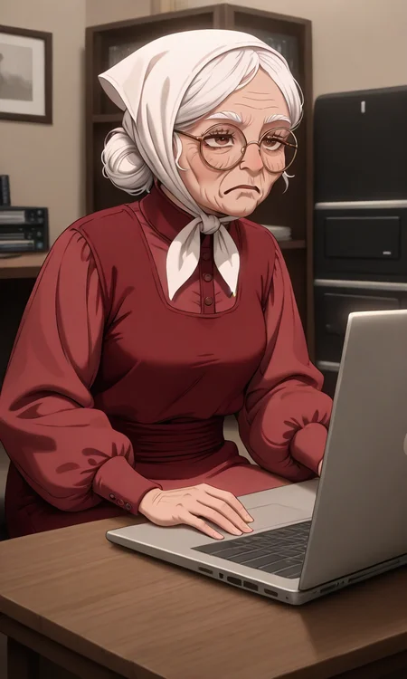 an old lady sitting at her computer with frown expression and table, solo, table, frown, laptop, sitting, 1girl,old woman,white headscarf,white hair,single hair bun,round eyewear,glasses,brown eyes,red dress,long sleeves,SHSLG