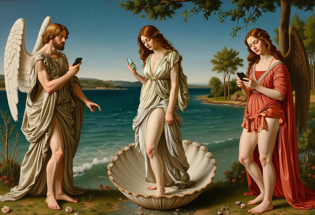 Botticelli style, painting, The Birth of Venus (Italian: Nascita di Venere [ˈnaʃʃita di ˈvɛːnere]) is a painting by the Italian artist Sandro Botticelli. It depicts the goddess Venus arriving at the shore after her birth, when she had emerged from the sea fully-grown. On the left side fly a man and female angles covered in robes with wings. They are both have cell phones in their hands. They are looking down at their cell phones. Venus stands in the middle. She stands on an open clam that floats on the sea. Her body is covered in long hair and white robes. She has a cell phone in her hand, she is looking down at her cell phone. On the right, stands a woman in a dress by the coast with trees. She has a cell phone in her hand. She looks down at her phone.